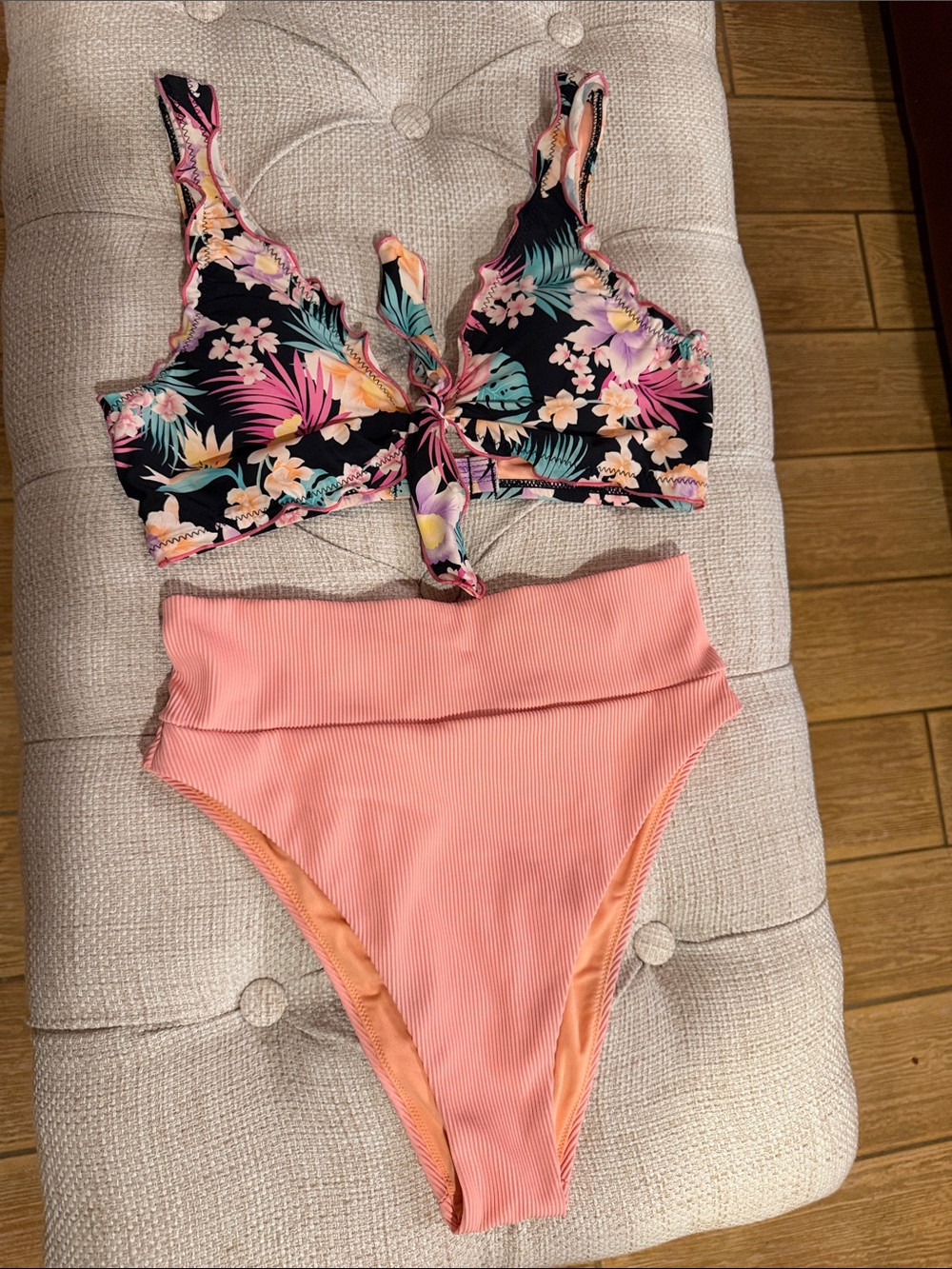 aerie Coral High-Waist Cut Cheeky Bottom and Hobie Floral Tie-Front Bikini Top